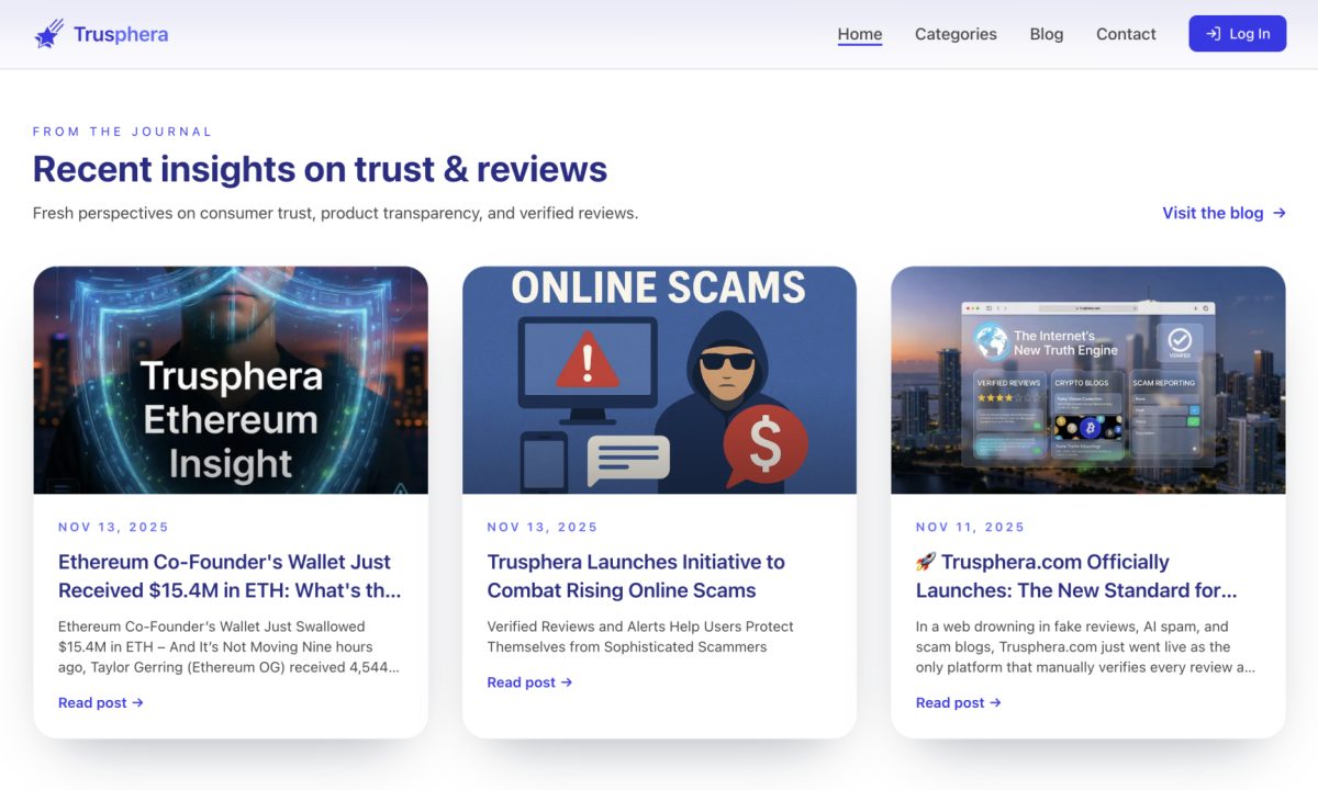 Trusphera Expands Into Full-Scale Platform for Reviews, Crypto Blogs, Scam Reports, and SEO Journals