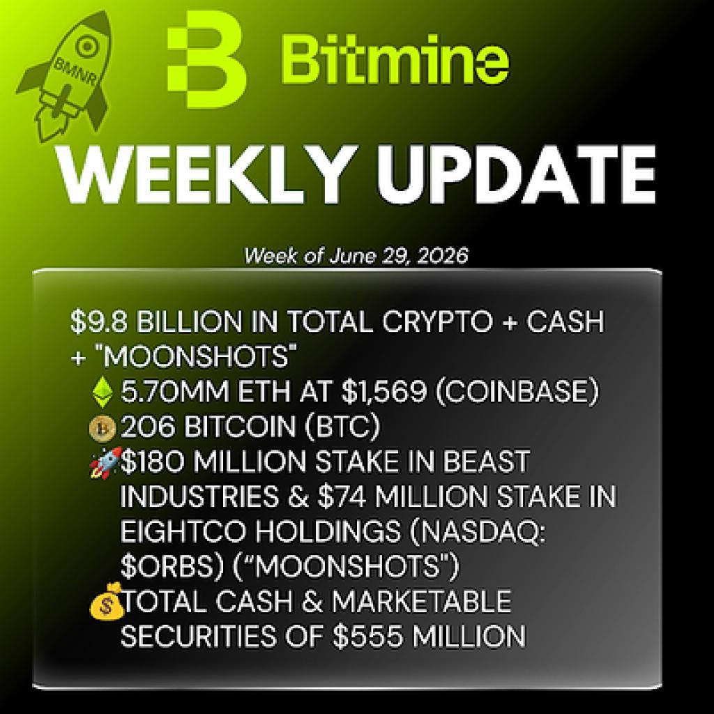 Bitmine Immersion Technologies (BMNR) Announces ETH Holdings Reach 5.70 Million Tokens, And Total Crypto And Total Cash Holdings Of .8 Billion