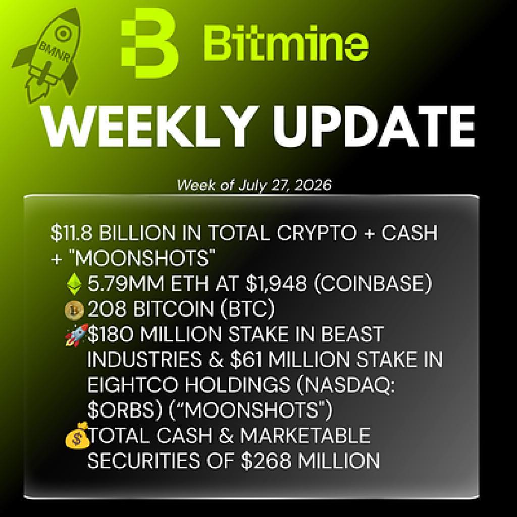 Bitmine Immersion Technologies (BMNR) Announces ETH Holdings Reach 5.79 Million Tokens, and Total Crypto and Total Cash Holdings of .8 Billion