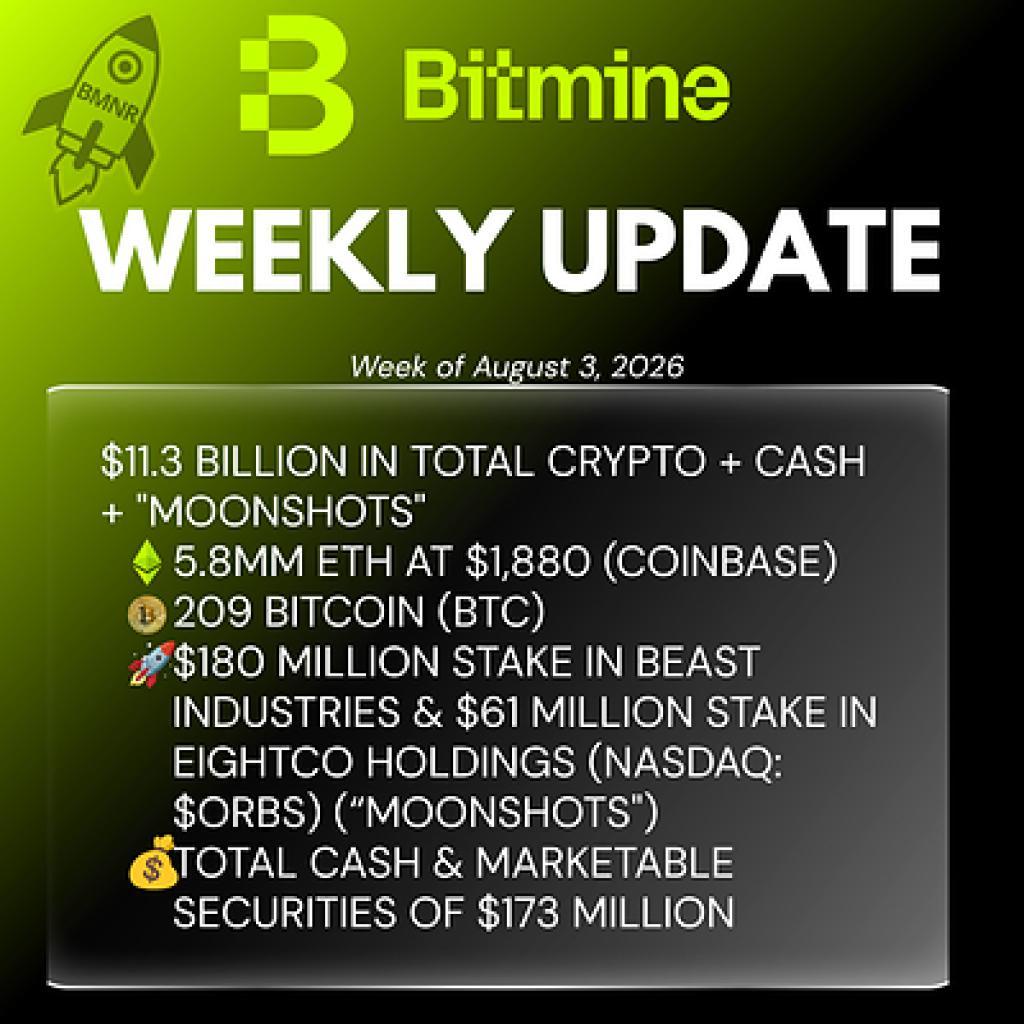 Bitmine Immersion Technologies (BMNR) Announces ETH Holdings Reach 5.8 Million Tokens, and Total Crypto and Total Cash Holdings of .3 Billion